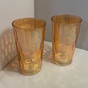 Pair Jeannette Hex Optic‎ Iridescent Carnival Glass Flat Tumble Drinking Glasses